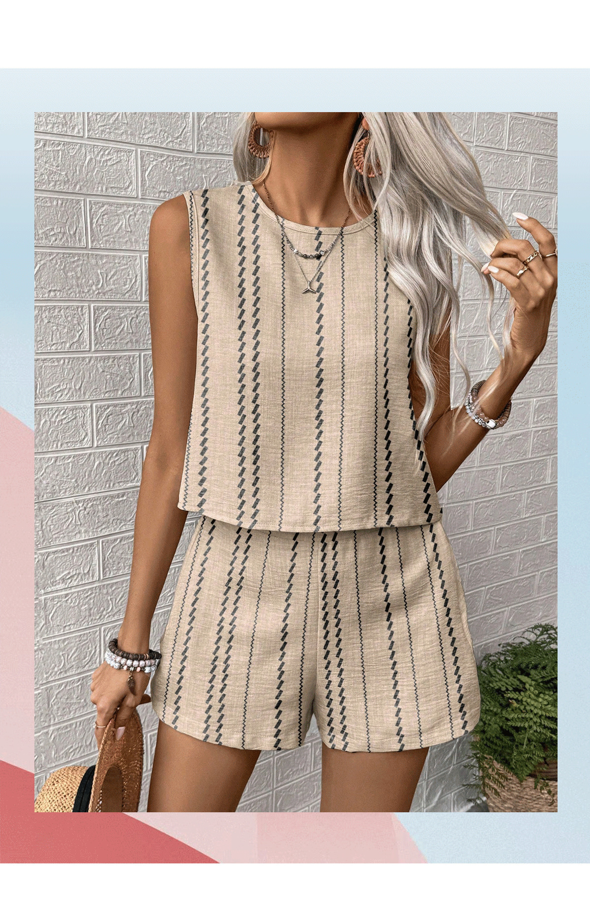 Striped Print Sleeveless Tank Top and Shorts Two-Piece Set