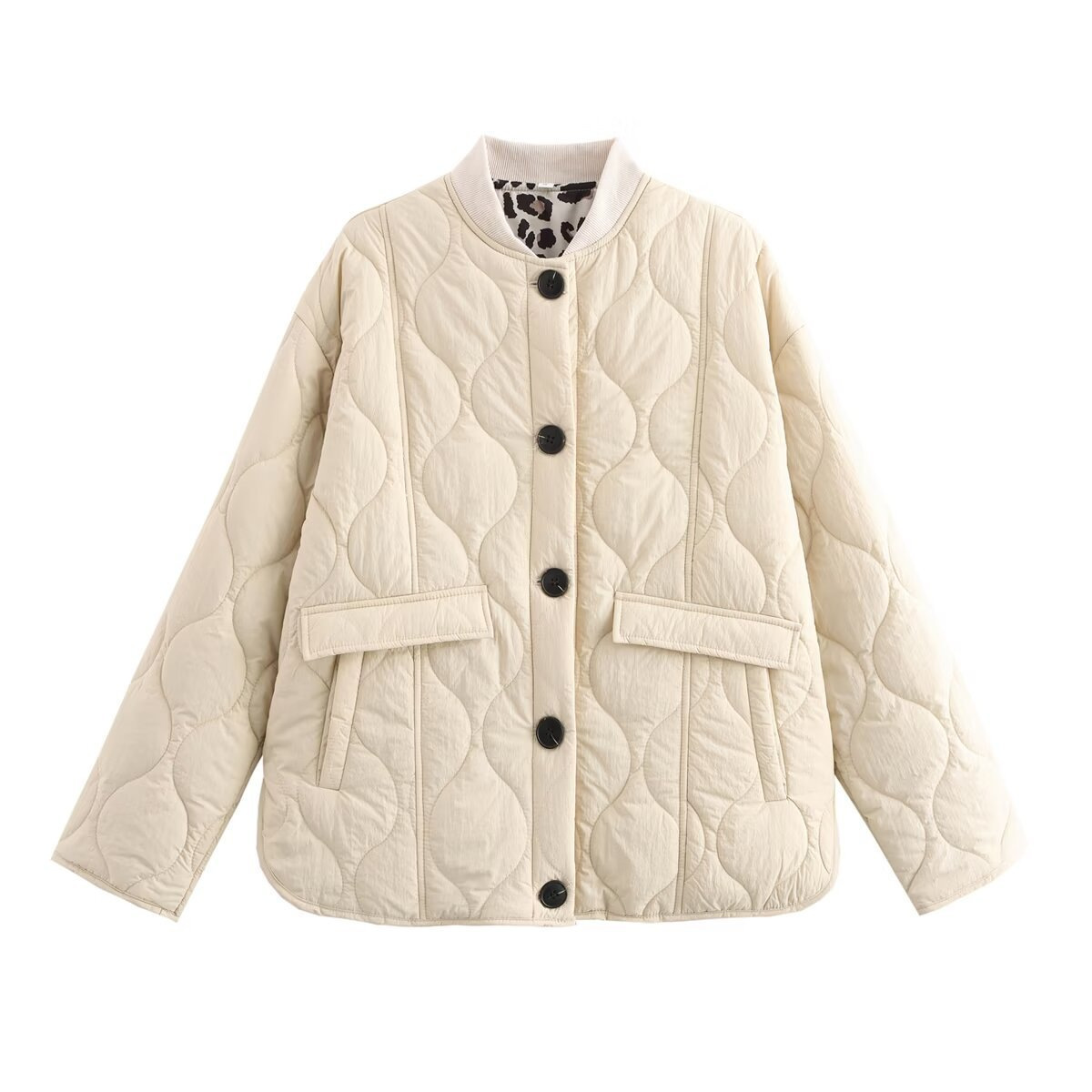 Women's Leopard Print Padded Coat with Ribbed Trim