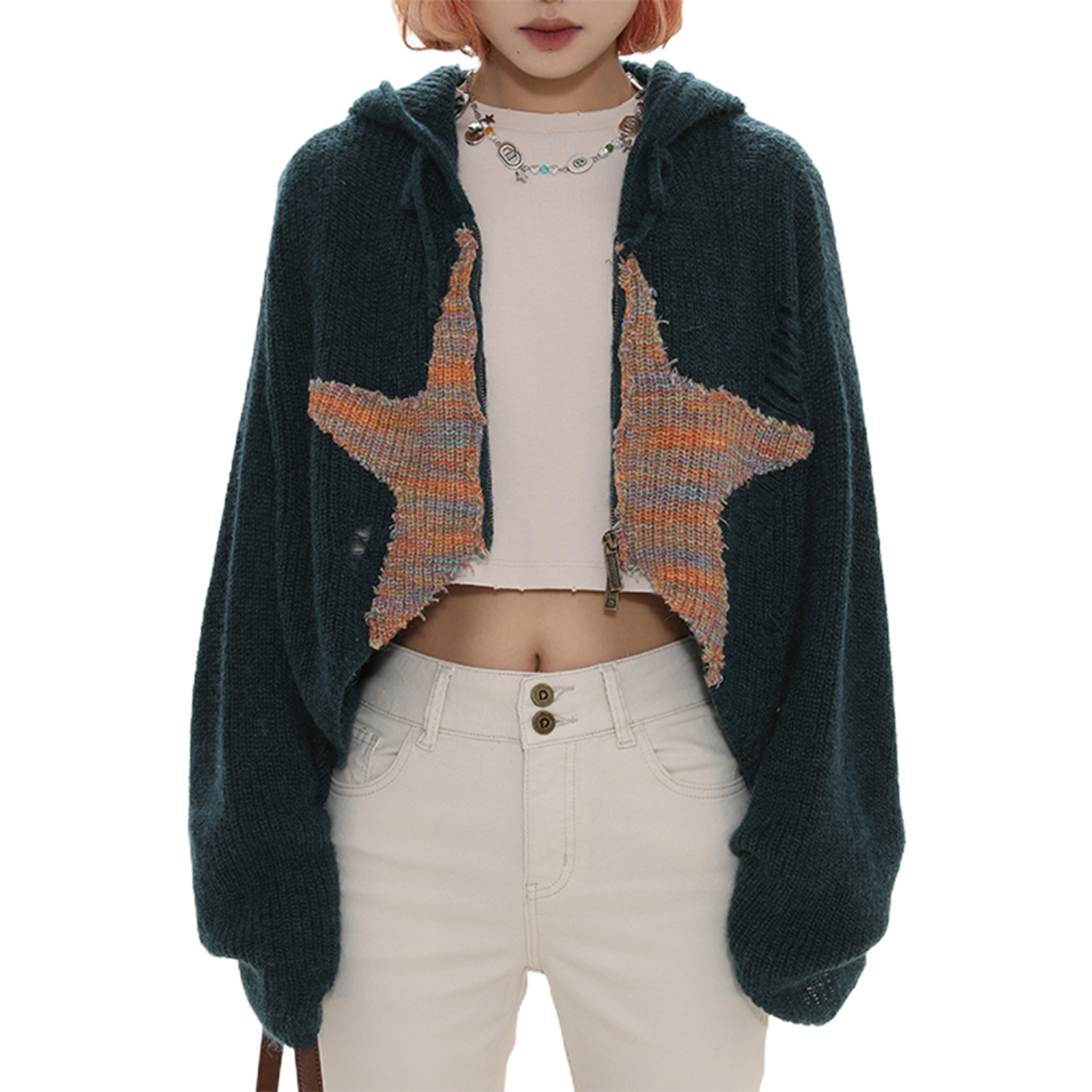 Women's Star Print Hooded Drawstring Cardigan Long Sleeve Top
