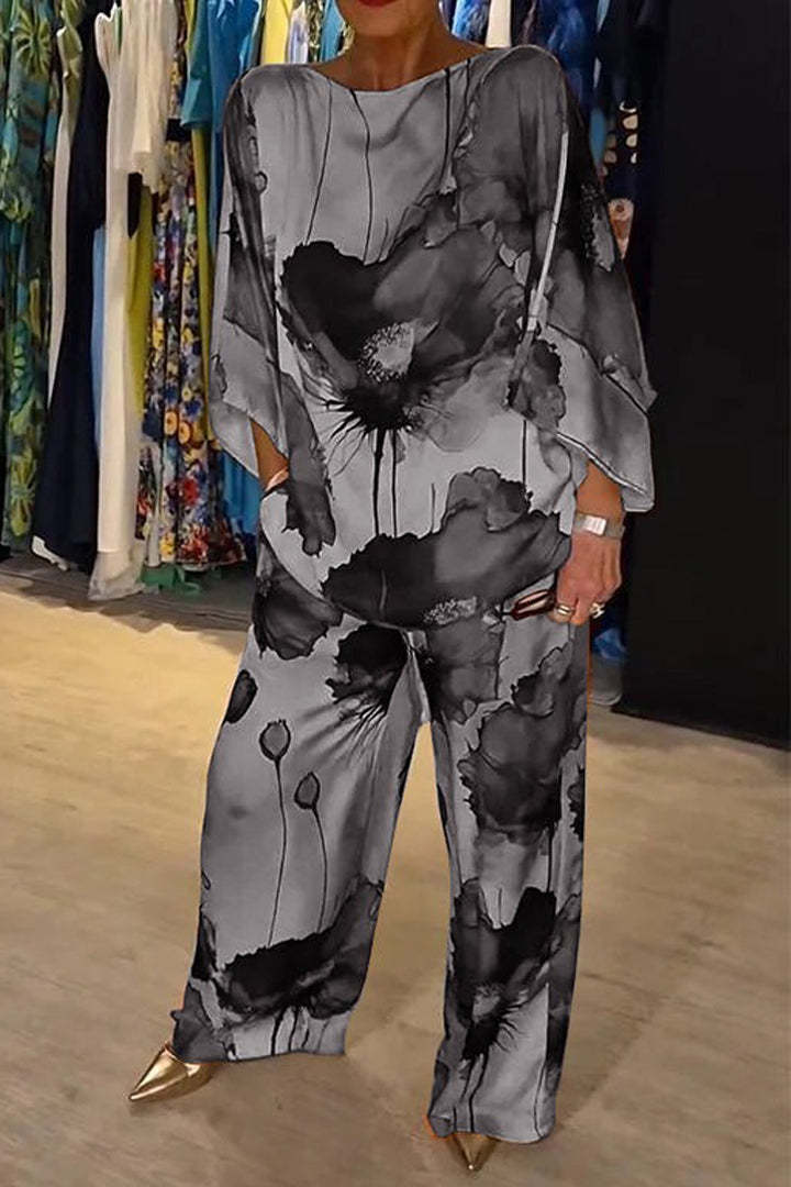 Elegant Satin Off-Shoulder Batwing Sleeve Printed Drawstring Pants Set