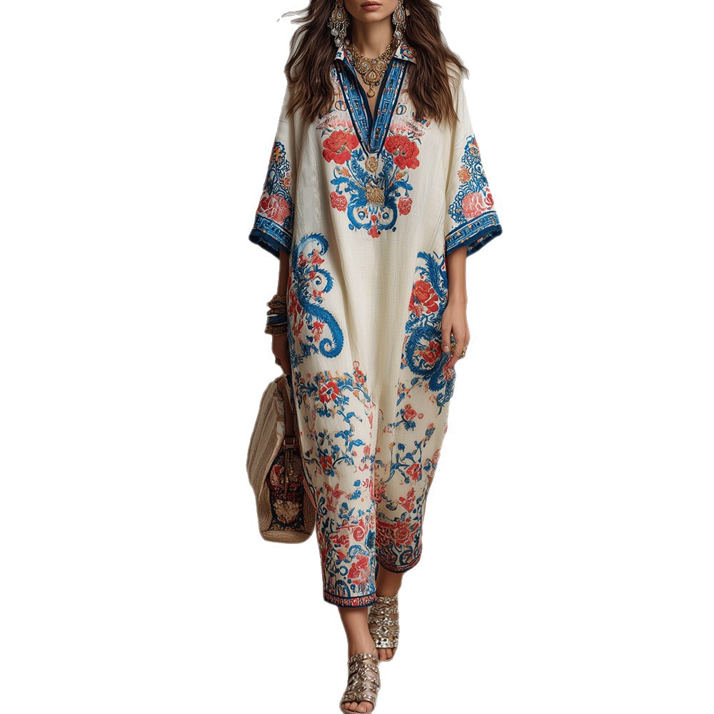 Printed V-Neck Kaftan Maxi Dress with Slit and Flared Skirt