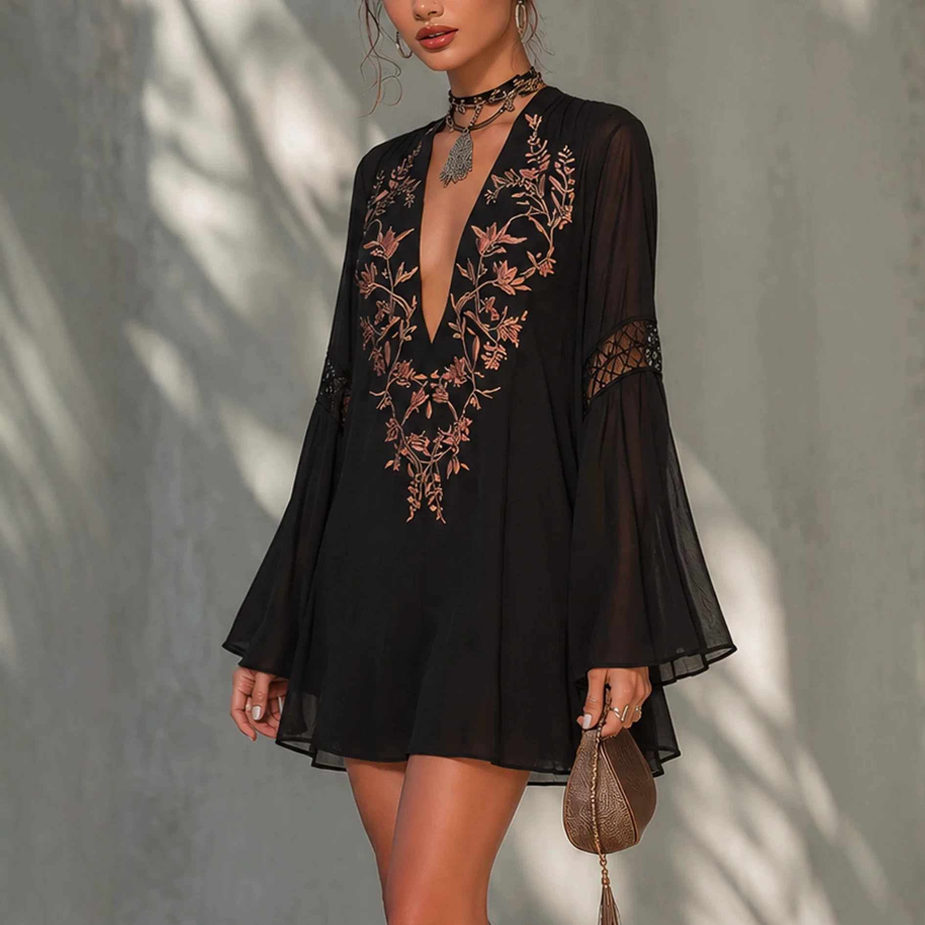Embroidered V-Neck Flare-Sleeve Midi Dress Black