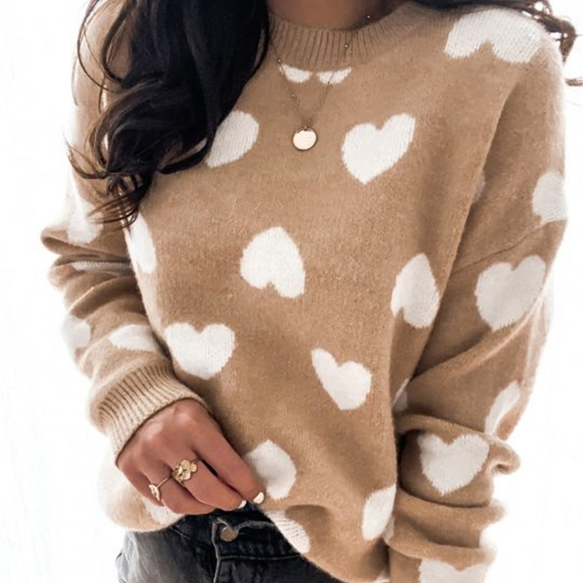 Women's Heart Print Pullover Knit Sweater Crew Neck Long Sleeve