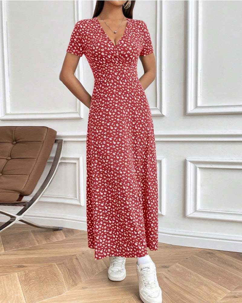 Women's Floral V-Neck Short Sleeve High Waist Midi Dress