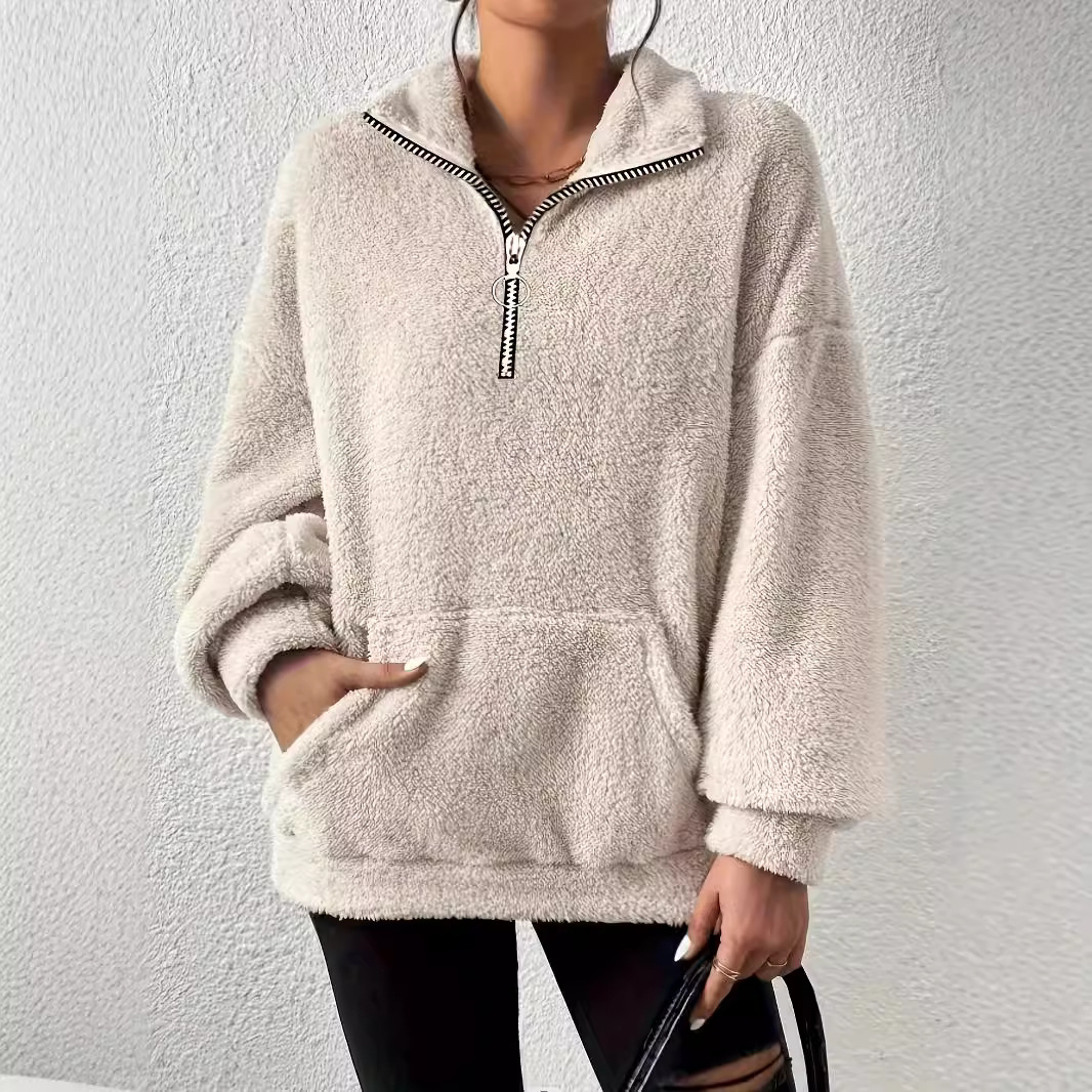 Fleece-Lined Zip-Up Hoodie for Women with Stand Collar and Pockets