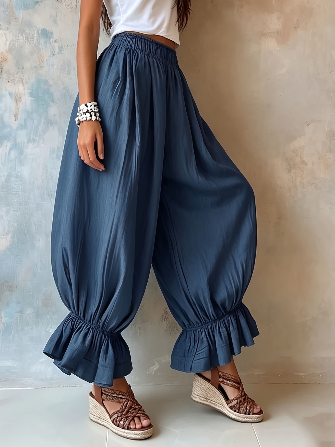 High-Waist Wide-Leg Ruffle Hem Pants for Women