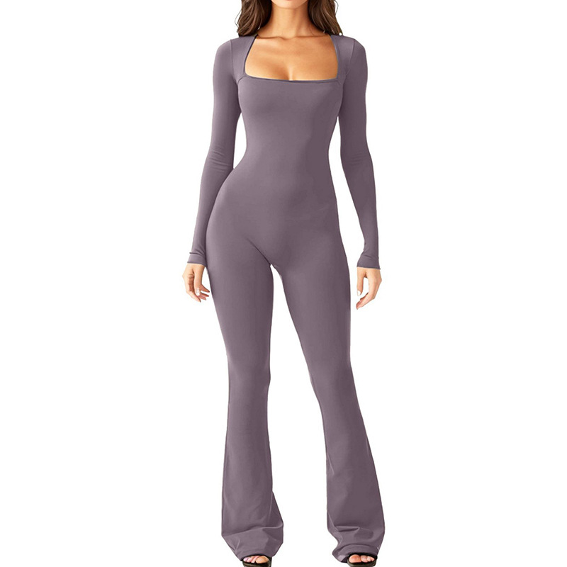 Women's Long Sleeve Square Neck Wide Leg Jumpsuit with Tummy Control and Butt Lifting