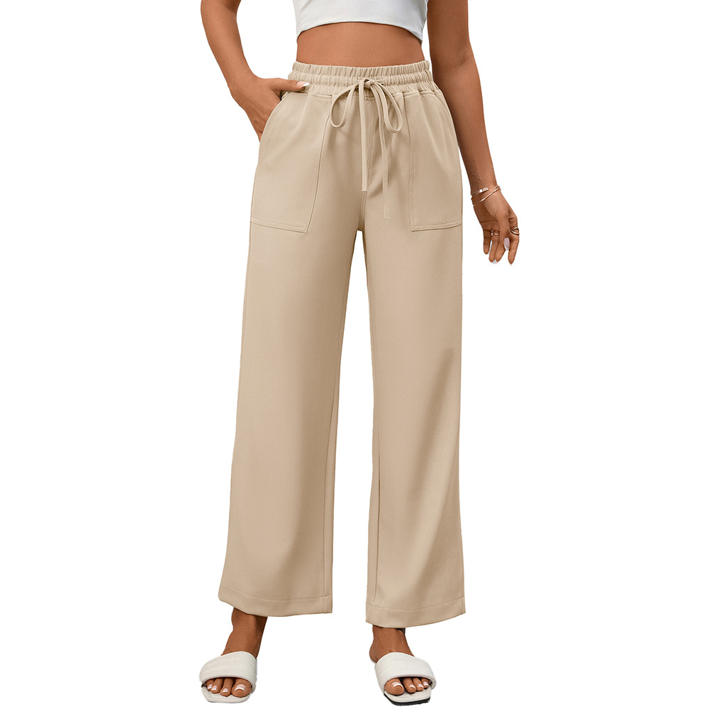 Women's Drawstring Wide-Leg Pants with Pockets Casual Cotton Blend