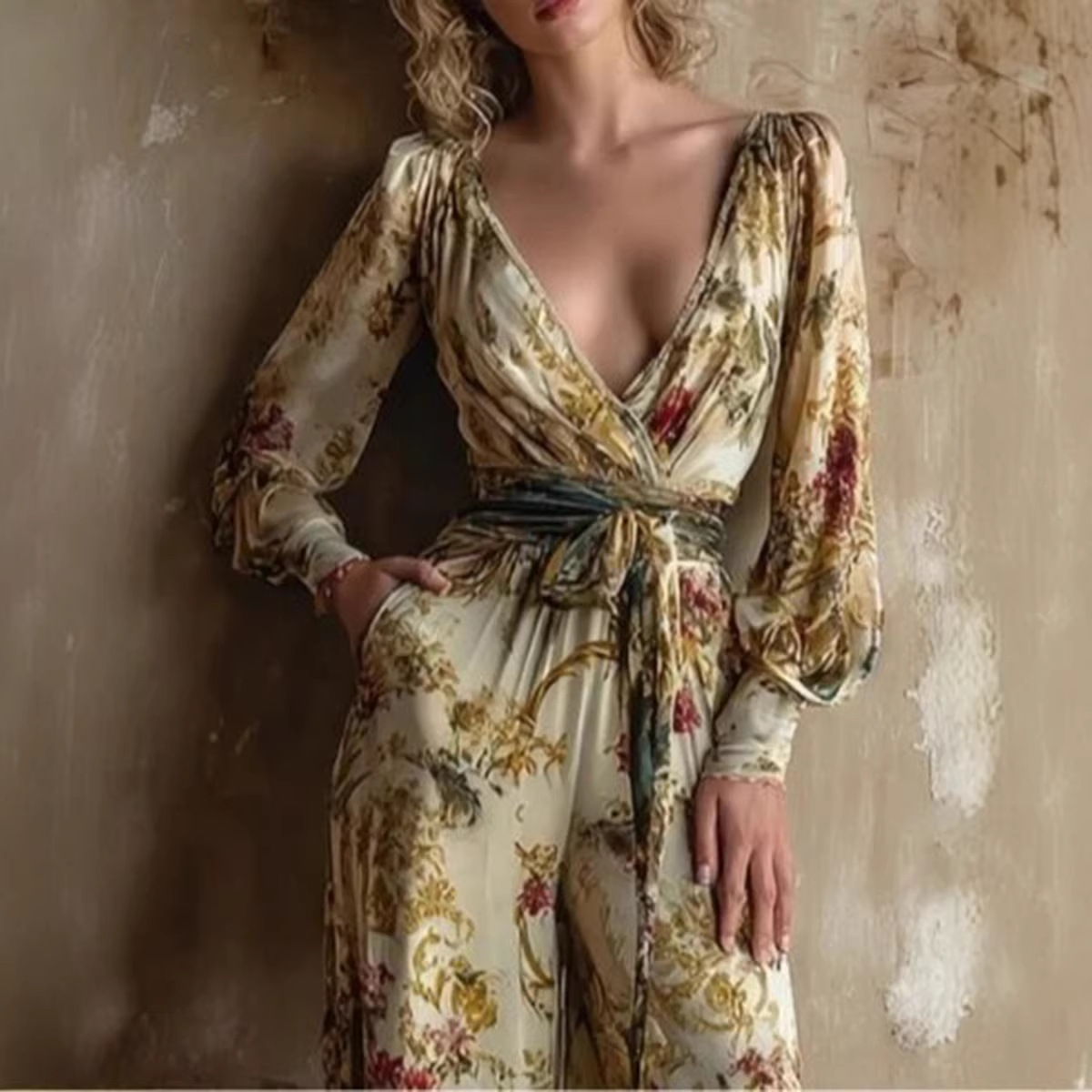 Women's Sexy Deep V Lantern Sleeve Vintage Print Tie Wide Leg Jumpsuit