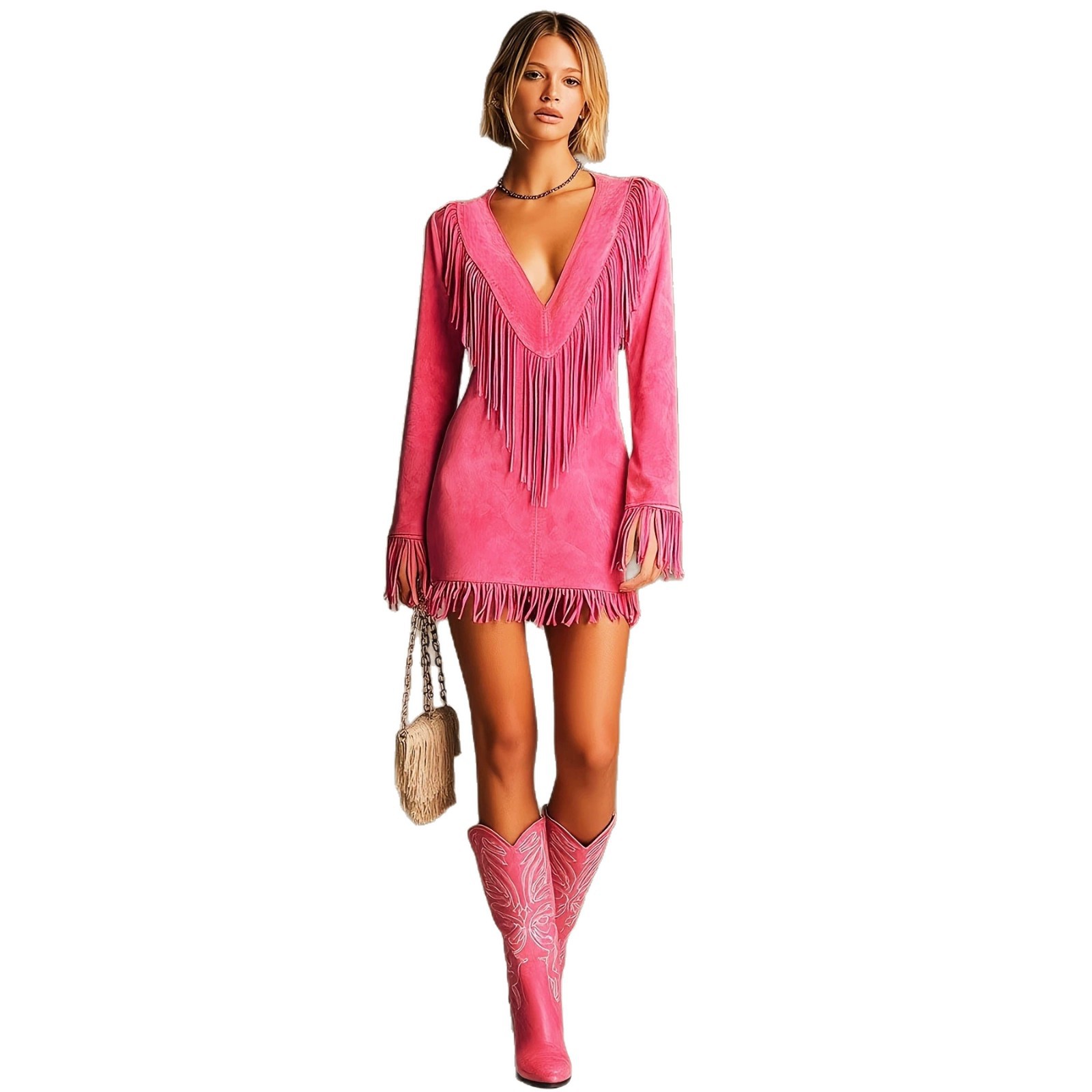 Western Faux Suede Fringe Bodycon Long Sleeve Dress