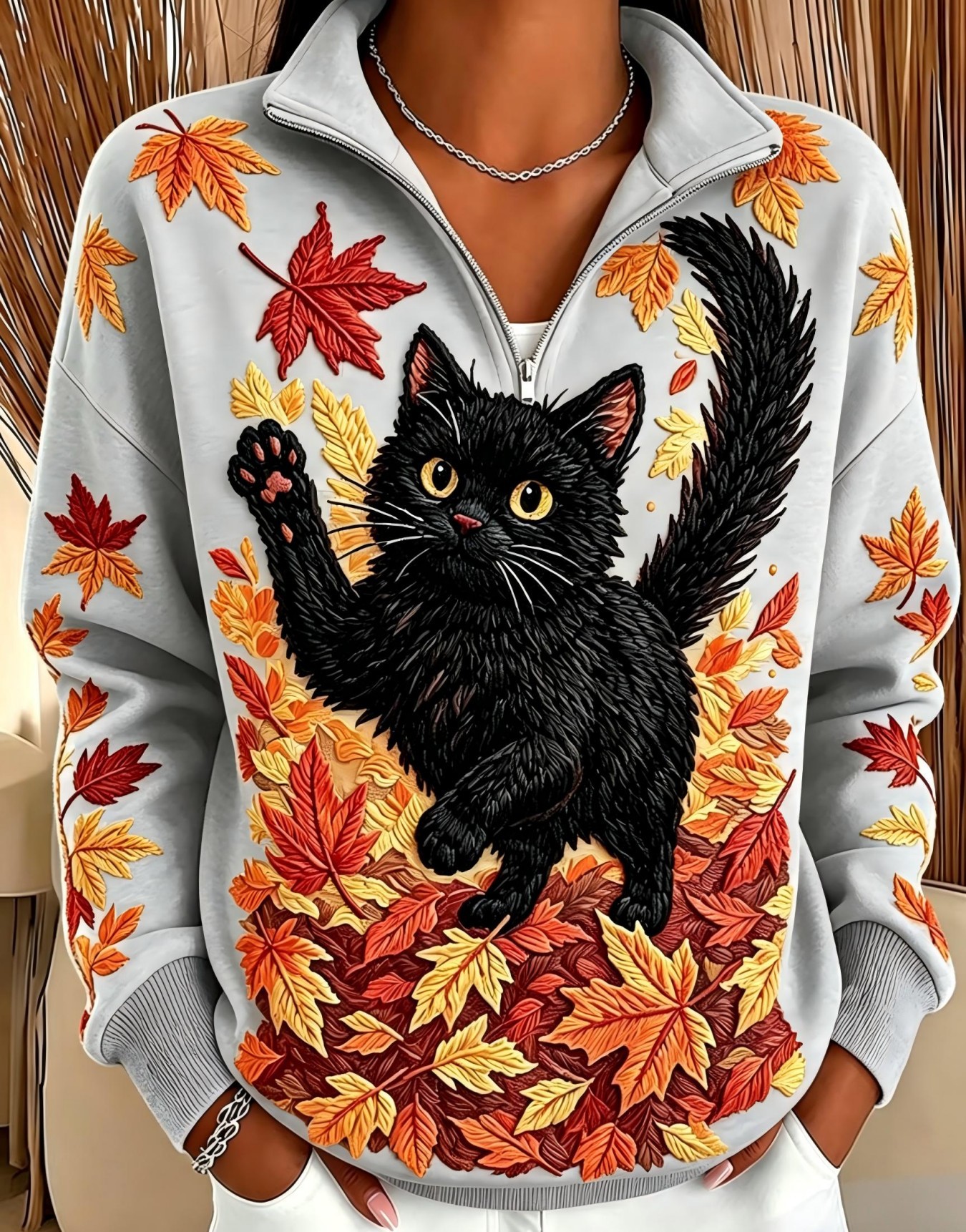 Cat & Maple Leaf Print Half-Zip Hoodie for Women