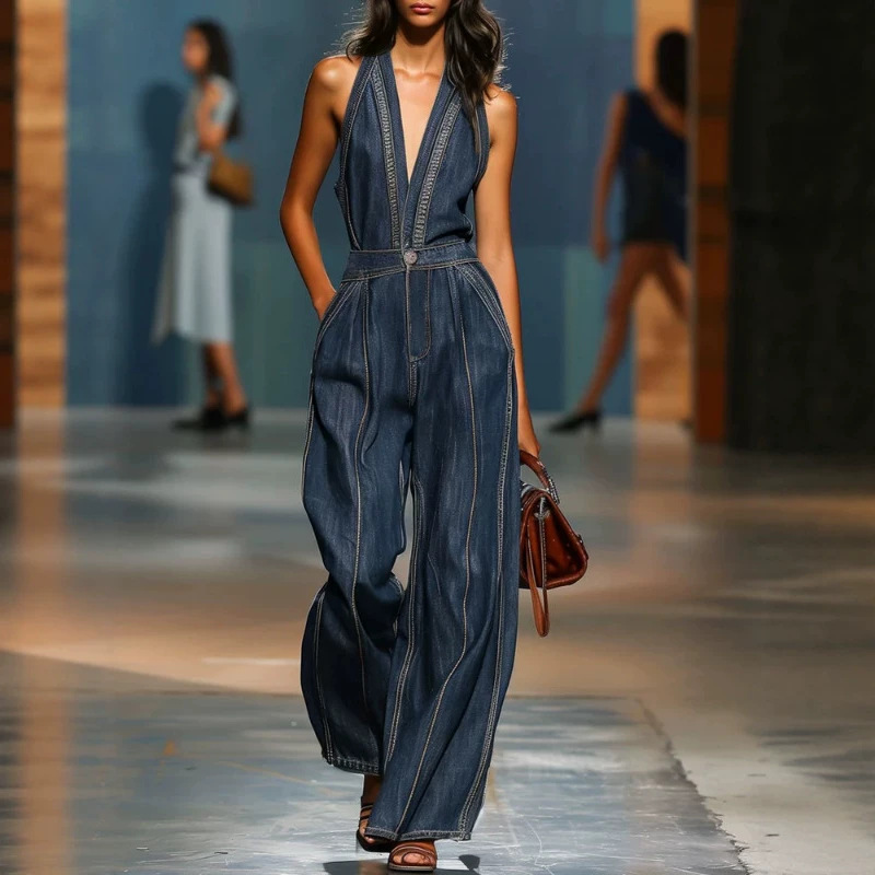 V-Neck Sleeveless Wide-Leg Denim Jumpsuit Retro Casual