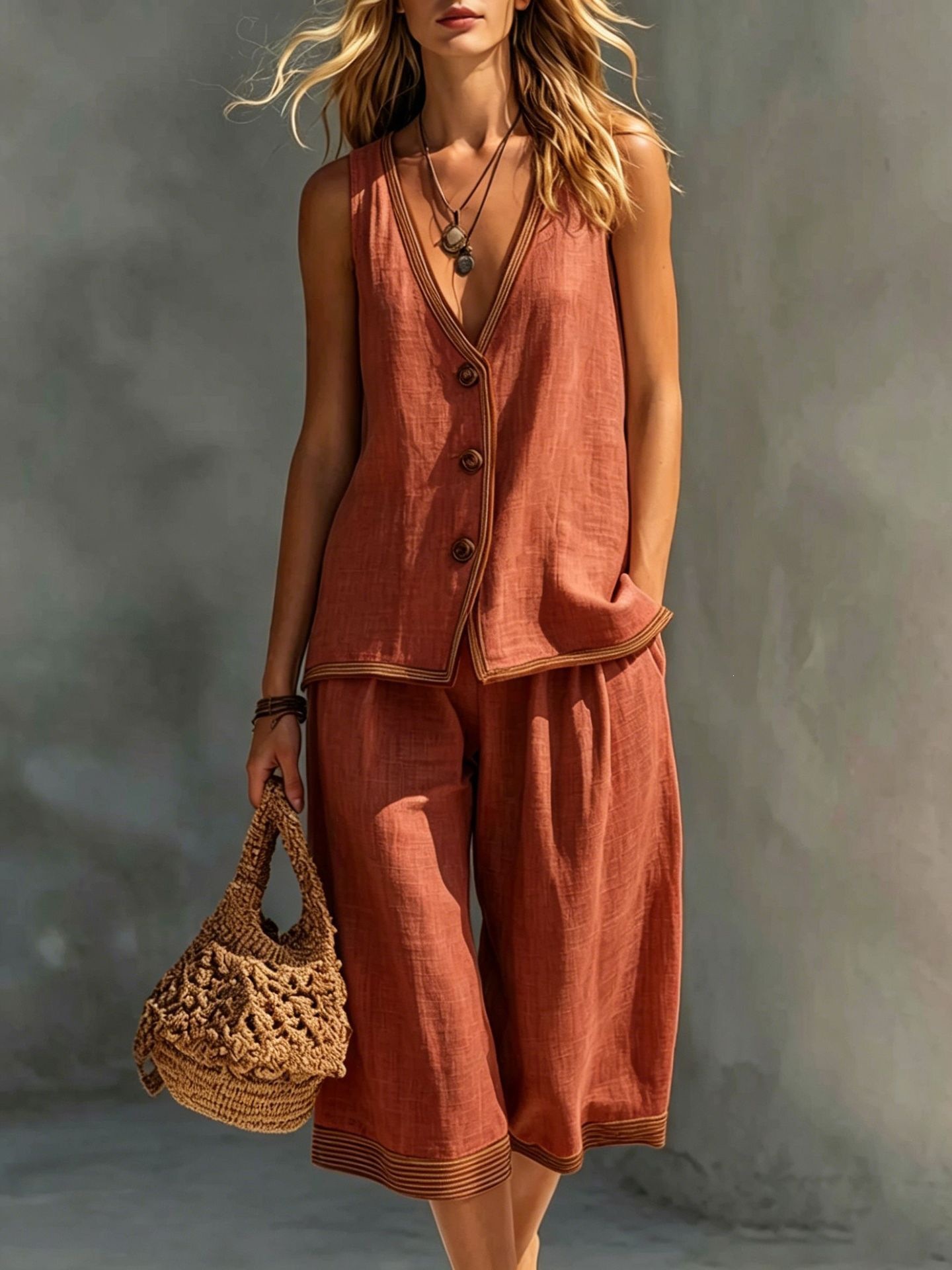 Women's Summer Casual Solid Button Vest Cardigan & Shorts Set