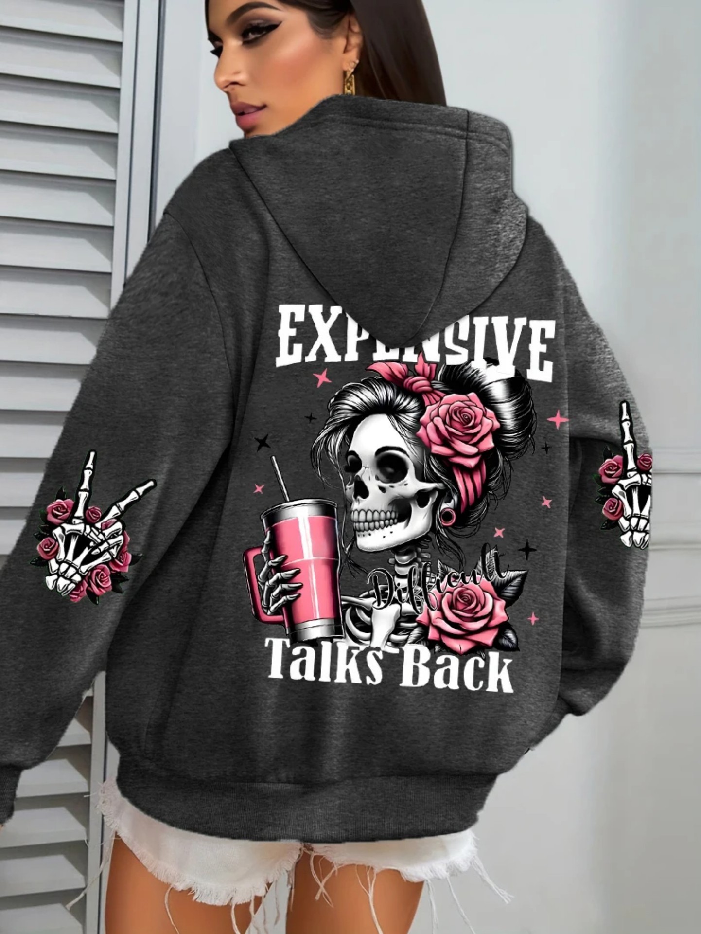 Women's Pink Skull Soda Print Hoodie