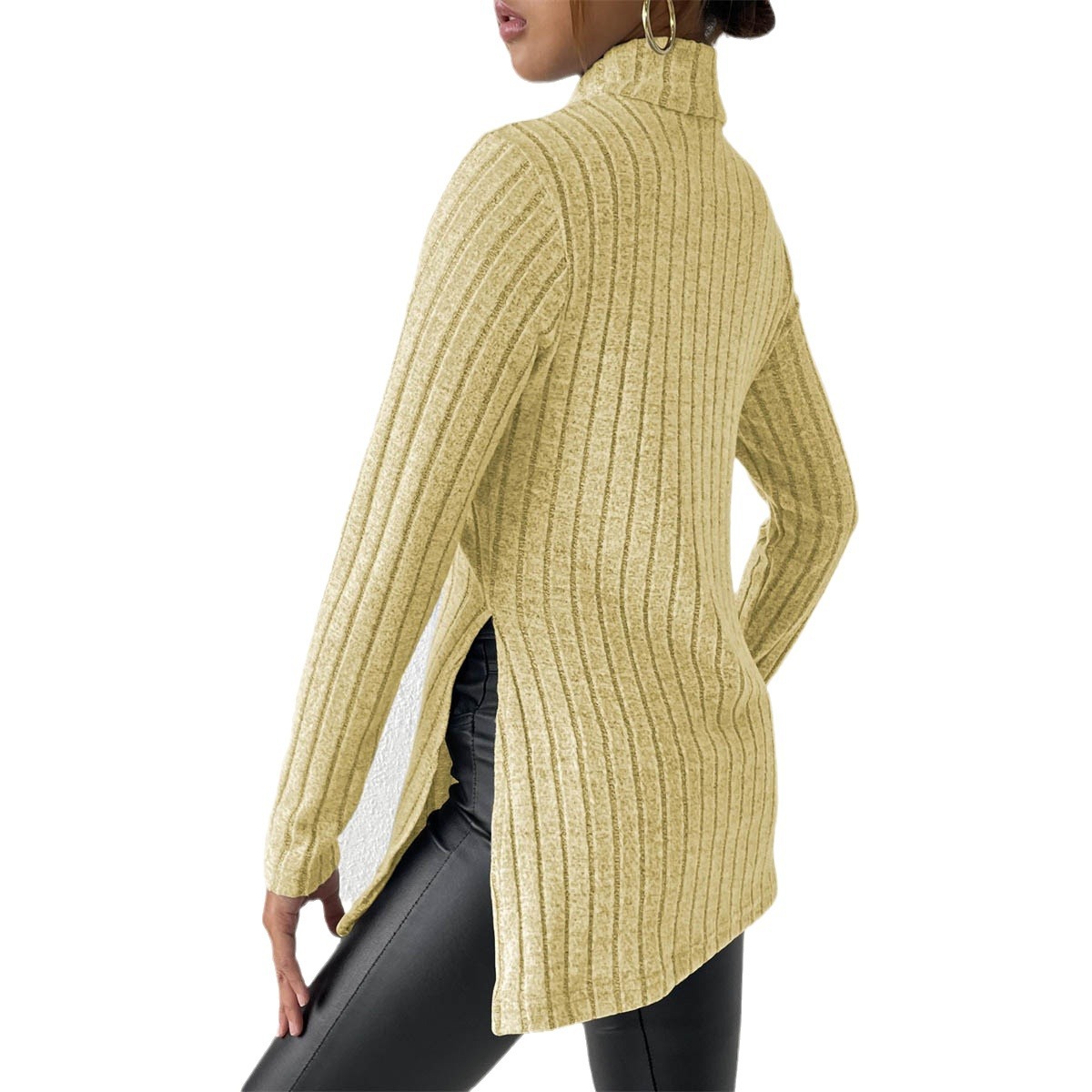 High Neck Slim Fit Split Hem Long Sleeve Midi Sweater