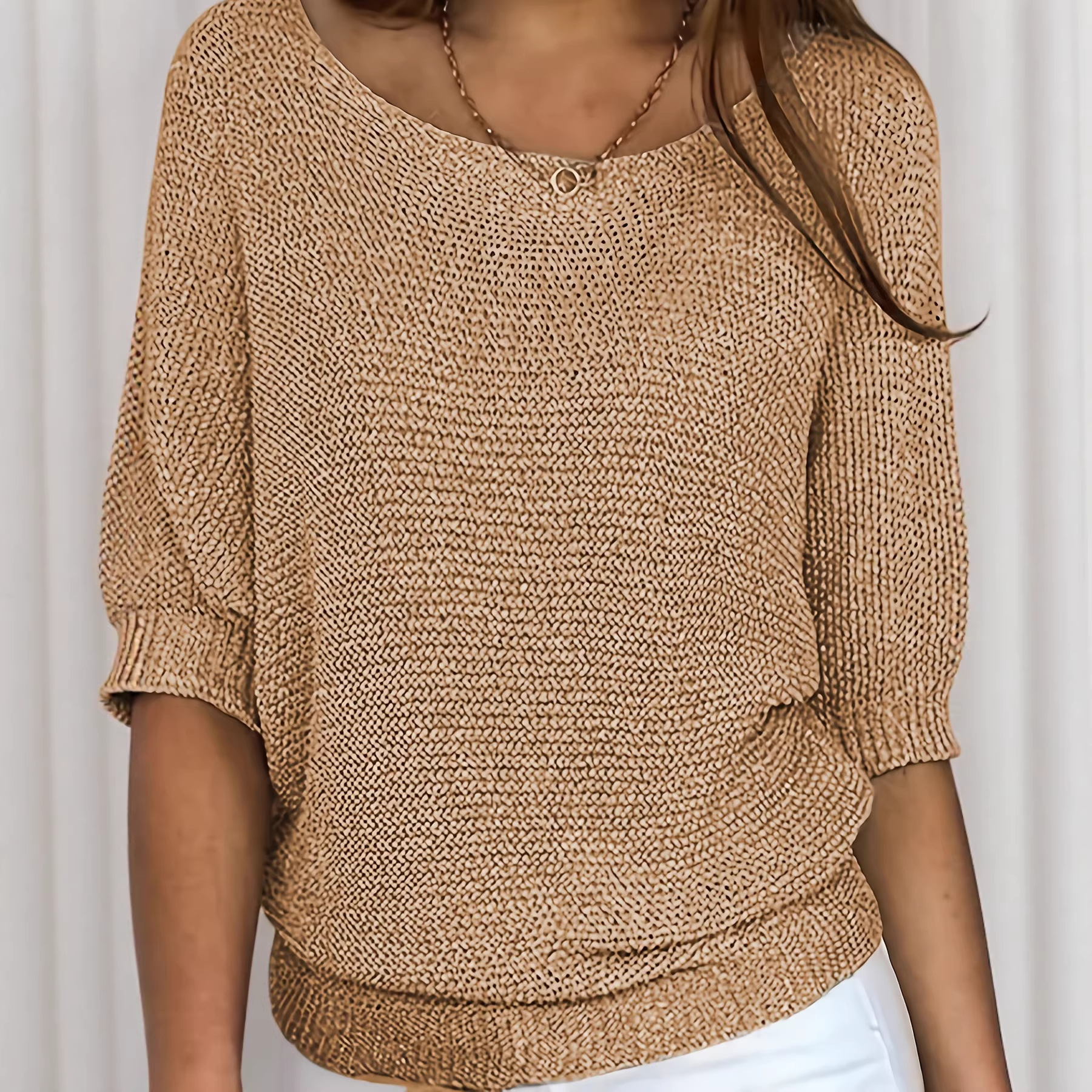 Women's Solid Boat Neck Knit Top Half Sleeve Loose Fit