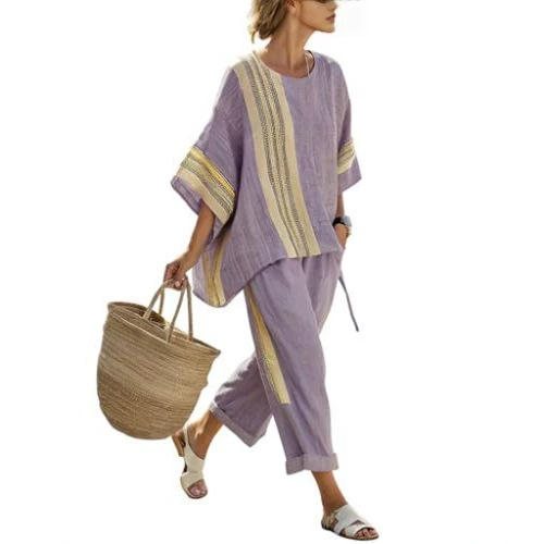 Bohemian Print Women's Two-Piece Set with Crew Neck, Three-Quarter Sleeves, and Cropped Pants