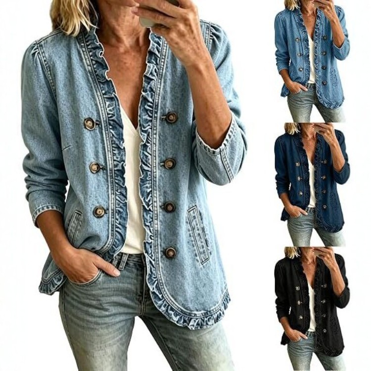 Washed Denim Jacket for Women Ruffle Button-Front Long-Sleeve Casual