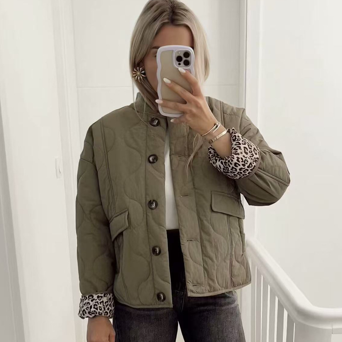 Women's Leopard Print Padded Coat with Ribbed Trim