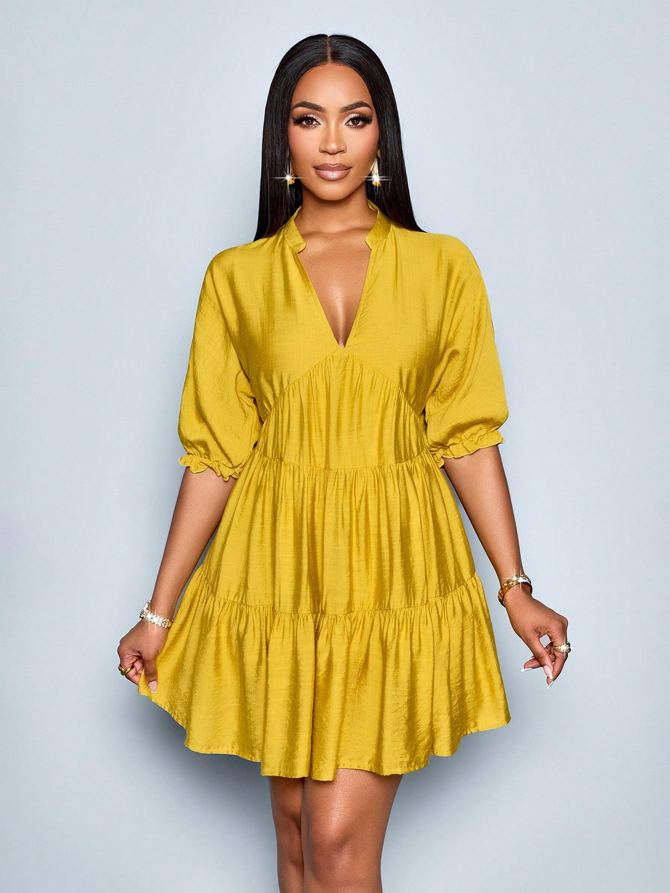 Half-Open Deep V-Neck Bubble Sleeve Pleated Short Dress