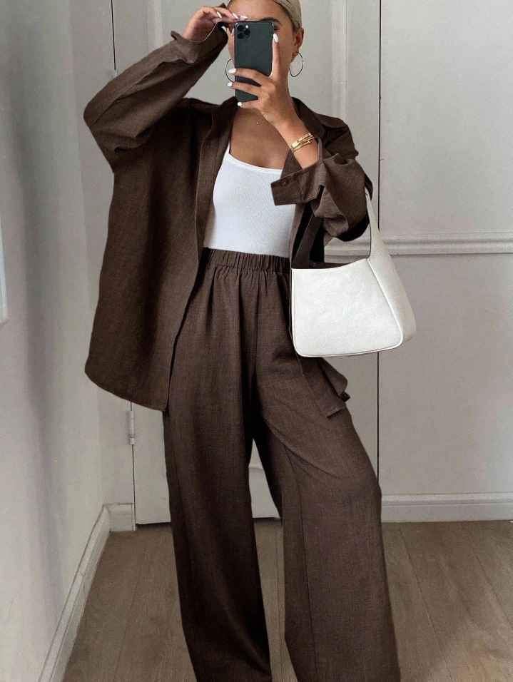 Relaxed Cotton-Linen Long-Sleeve Shirt and Pants Two-Piece Set in Apricot