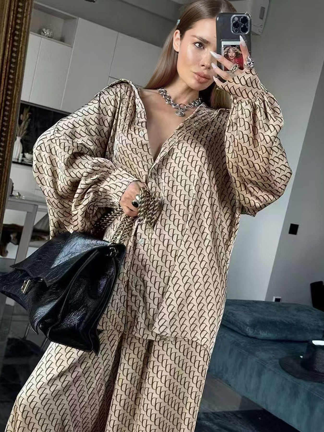 Women's Printed Long Sleeve Shirt and Pants Set Loose Fit