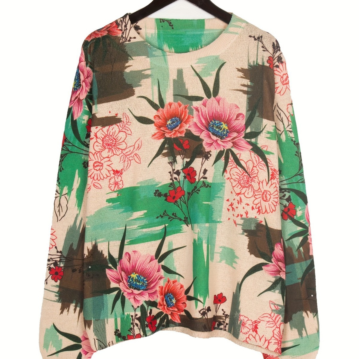 Palace Oil Painting Print Knit Pullover Sweater Long Sleeve Crew Neck Color Block Women's