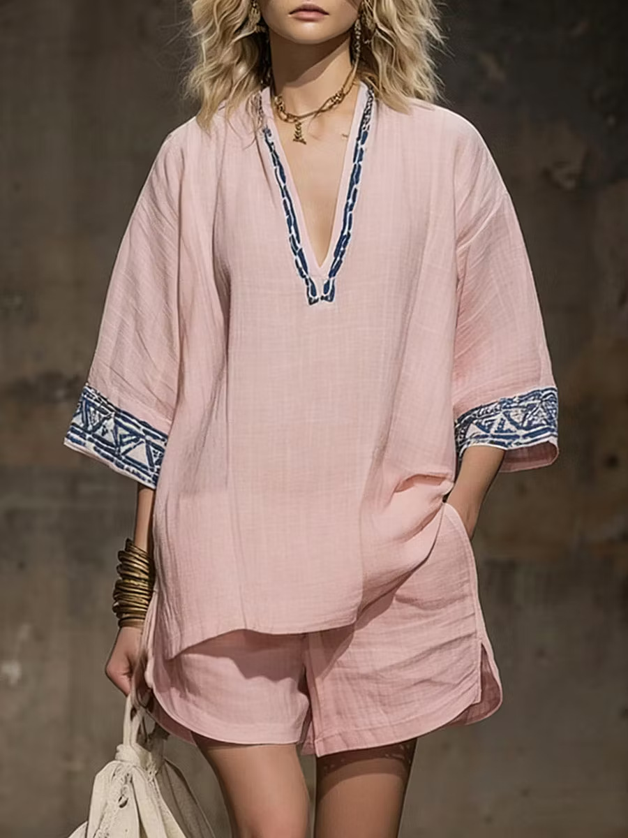 Bohemian Linen-Blend Printed V-Neck Short Sleeve Top and Shorts Set