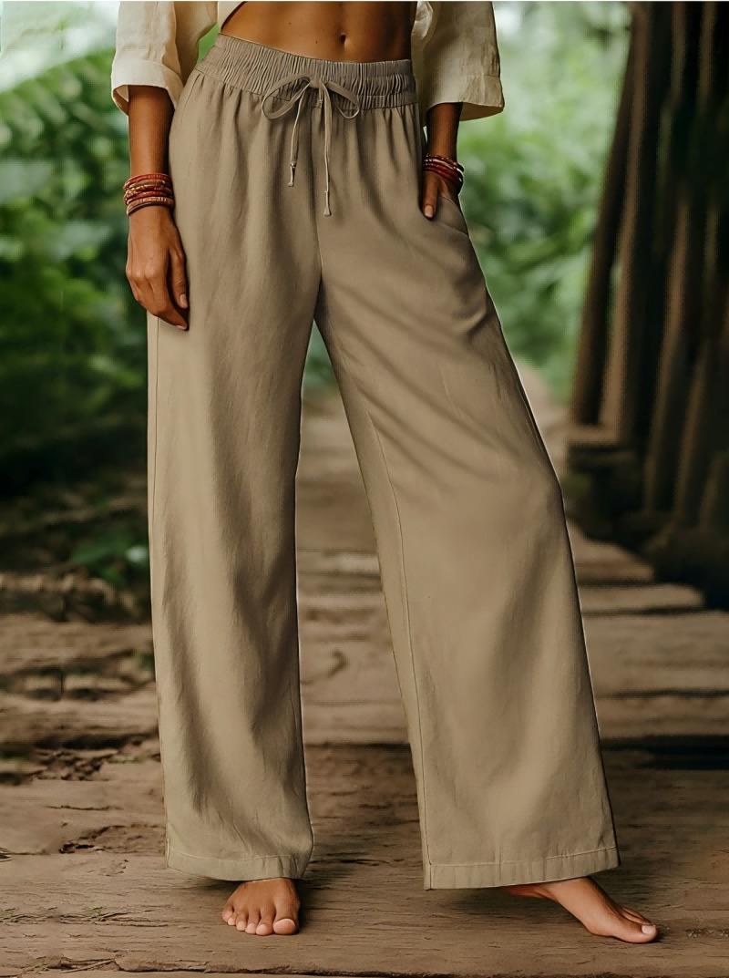 Women's Cotton-Linen Wide-Leg Pants High Waist Drawstring Casual