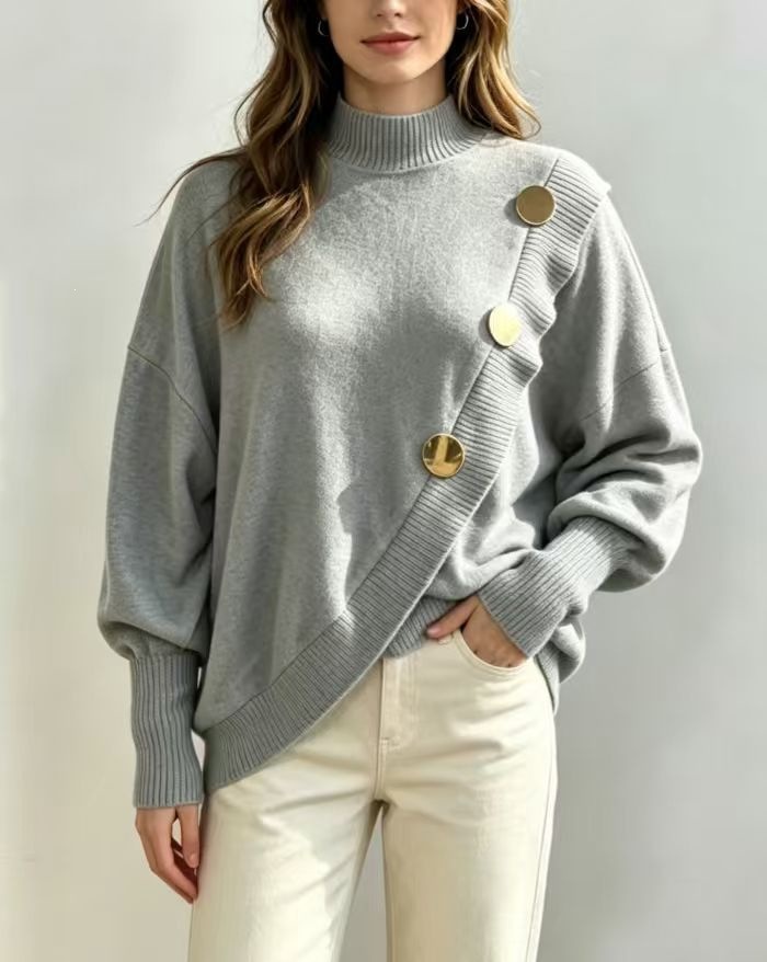 Elegant Button-Trim Crewneck Top for Women