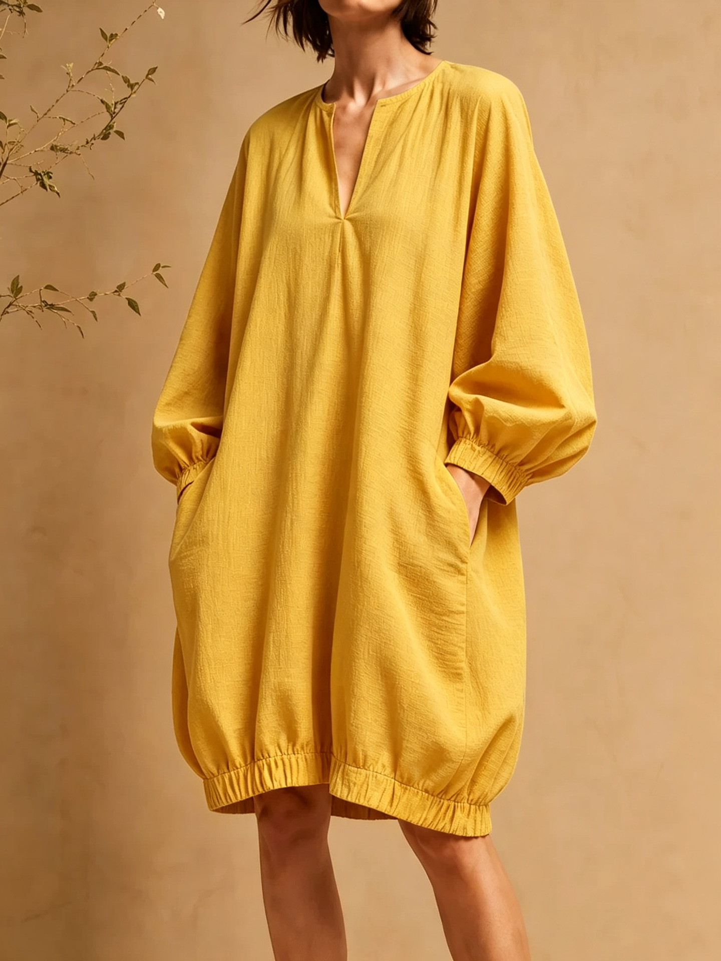 Women's V-Neck Loose Midi Dress with Lantern Sleeves