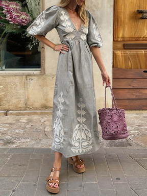 Floral Print V-Neck Puff Sleeve Open Back Loose Casual Midi Dress