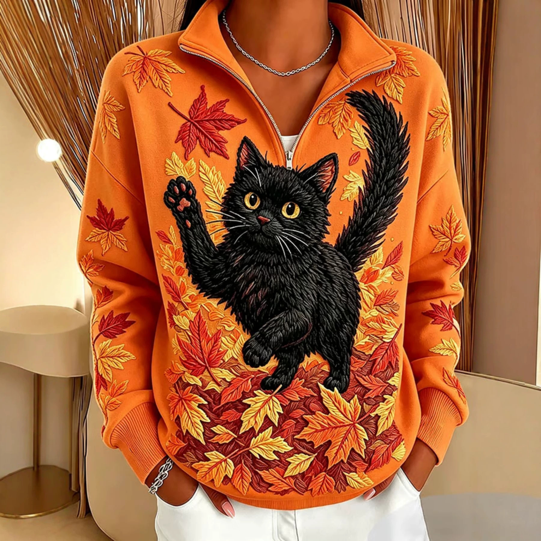 Cat & Maple Leaf Print Half-Zip Hoodie for Women