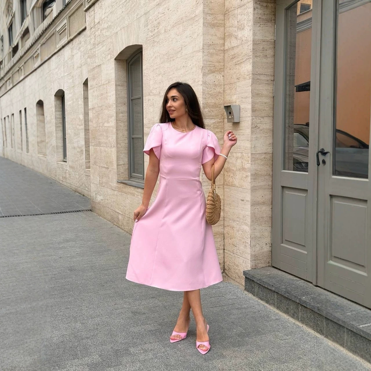 Solid Color A-Line Dress with Waist-Cinching Design