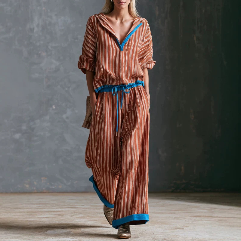 Retro Colorblock Hooded Long Sleeve Top and Pants Set