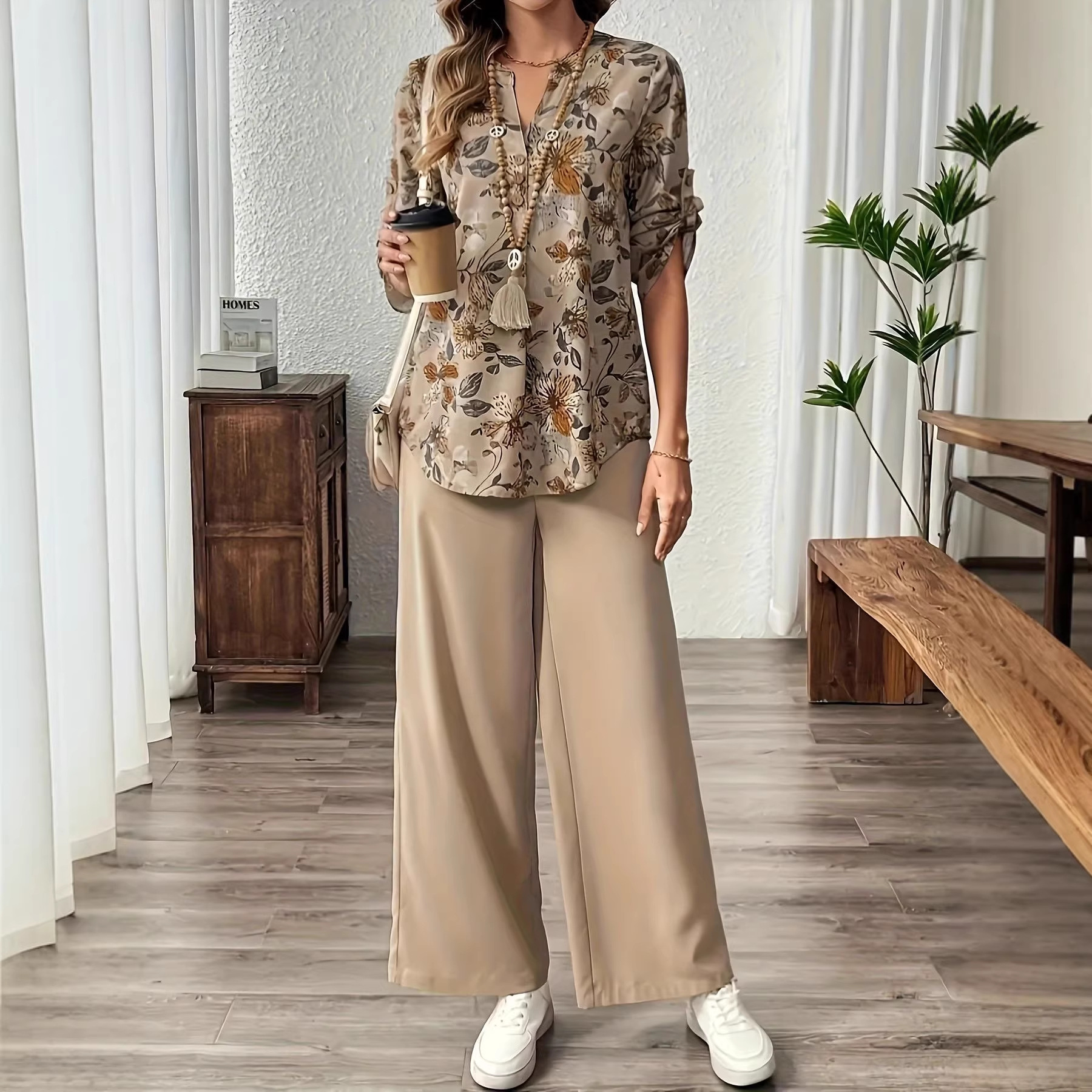 Khaki Floral Print High-Waist Wide-Leg Shirt and Pants Set