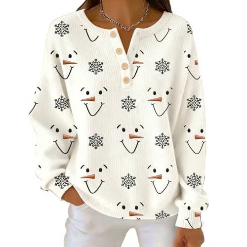 Women's Snowman Carrot Snowflake Smiley Print Button Sweatshirt