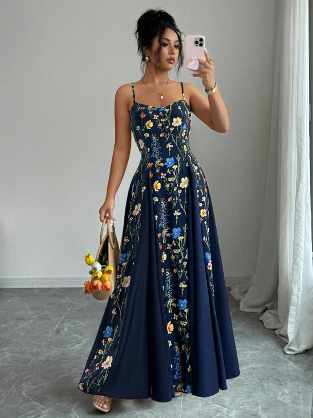 Women's Slimming Floral Open-Back Cami Dress