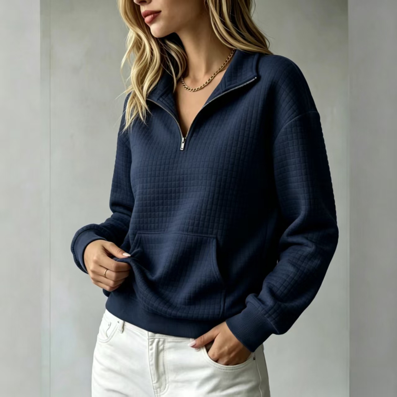 Women's Loose Kangaroo Pocket Solid Color Stand Collar Zip-Up Long Sleeve Sweatshirt
