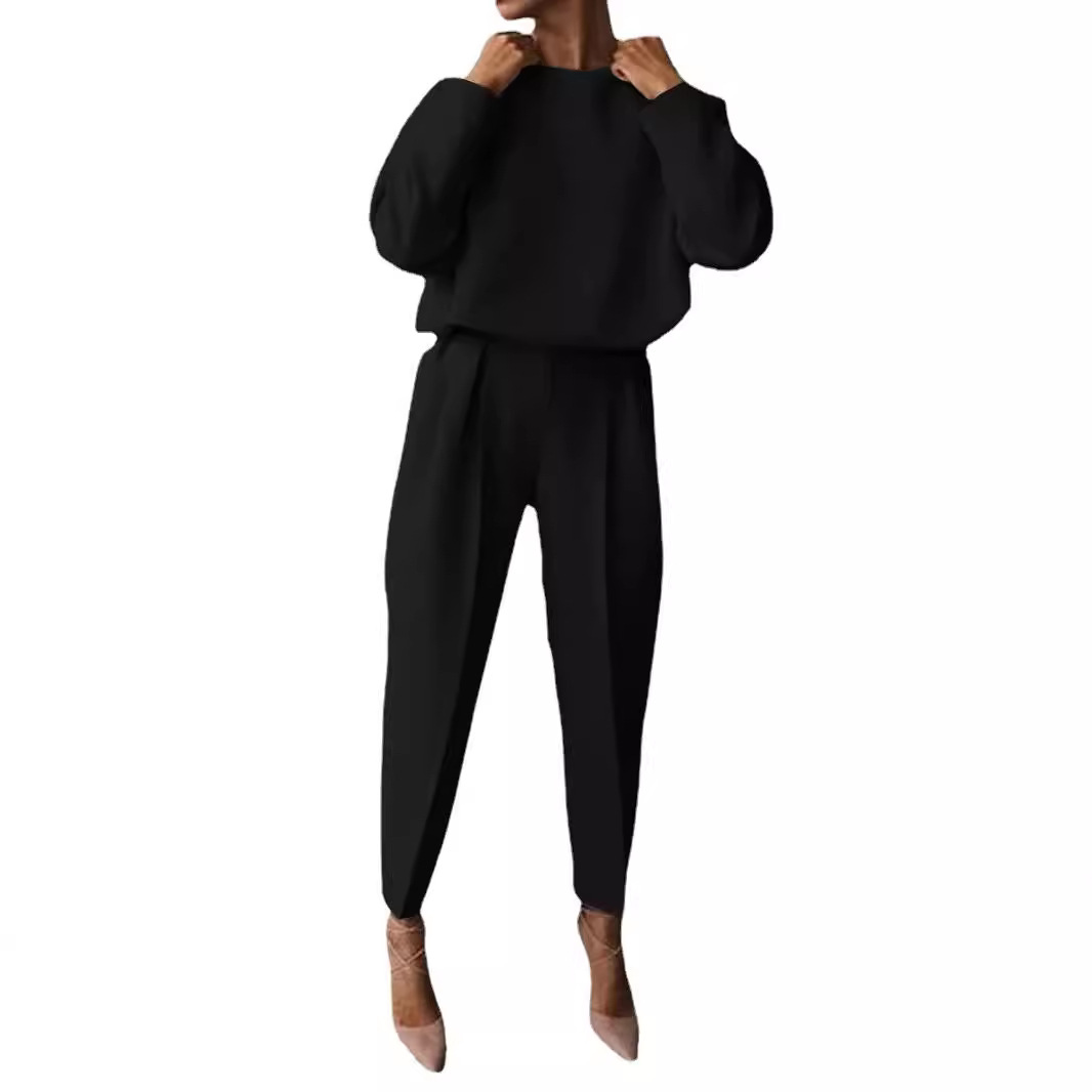 Women's Solid Color Long Sleeve Casual Two-Piece Pants Set