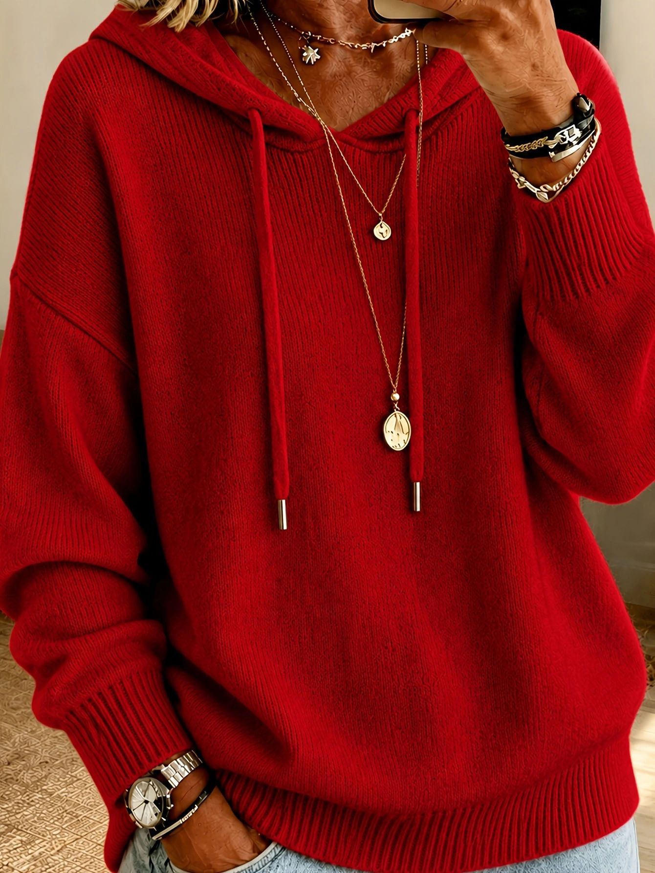 Women's Hooded Pullover Knit Sweater with Drawstring