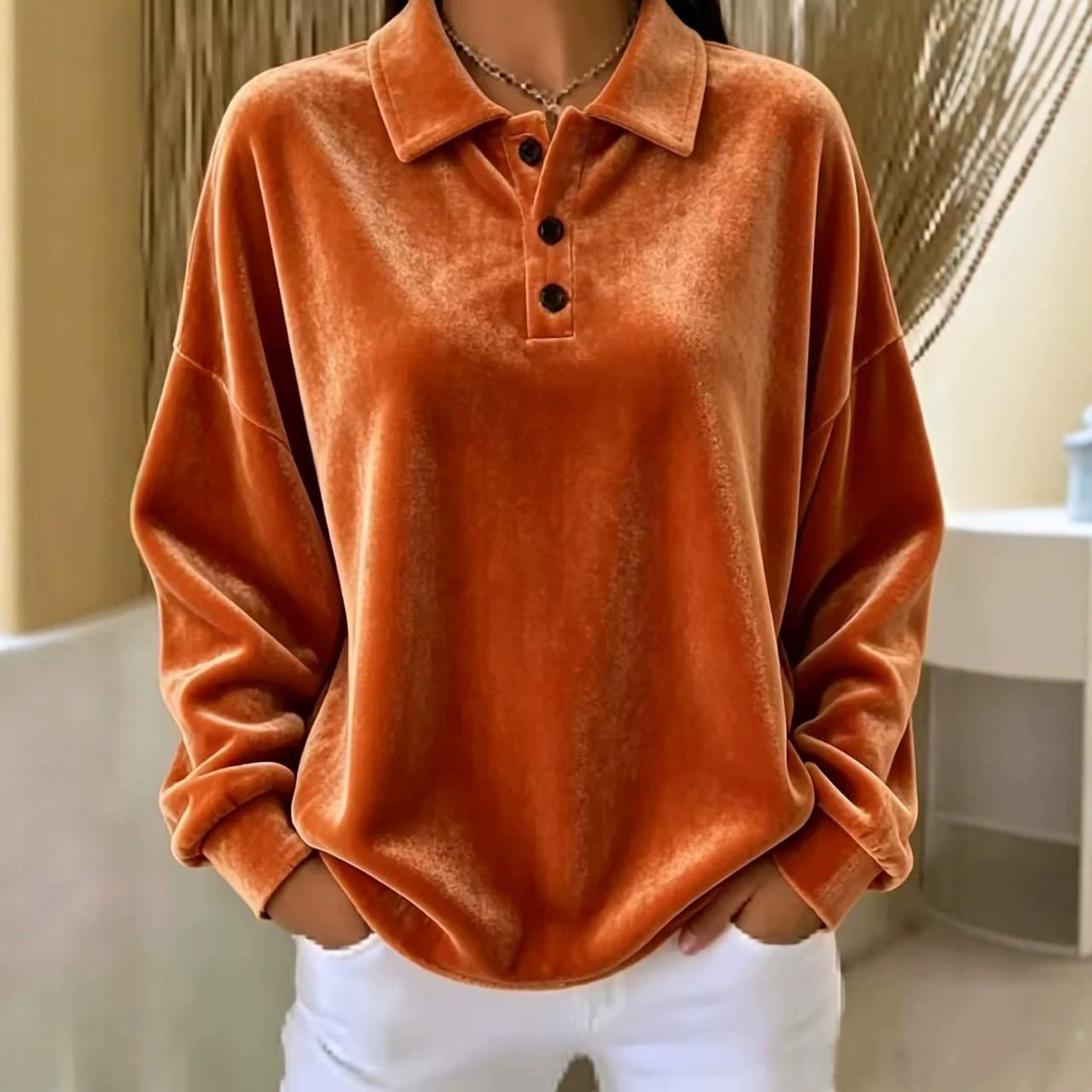Women's Long-Sleeve Polo Collar Sweatshirt Top