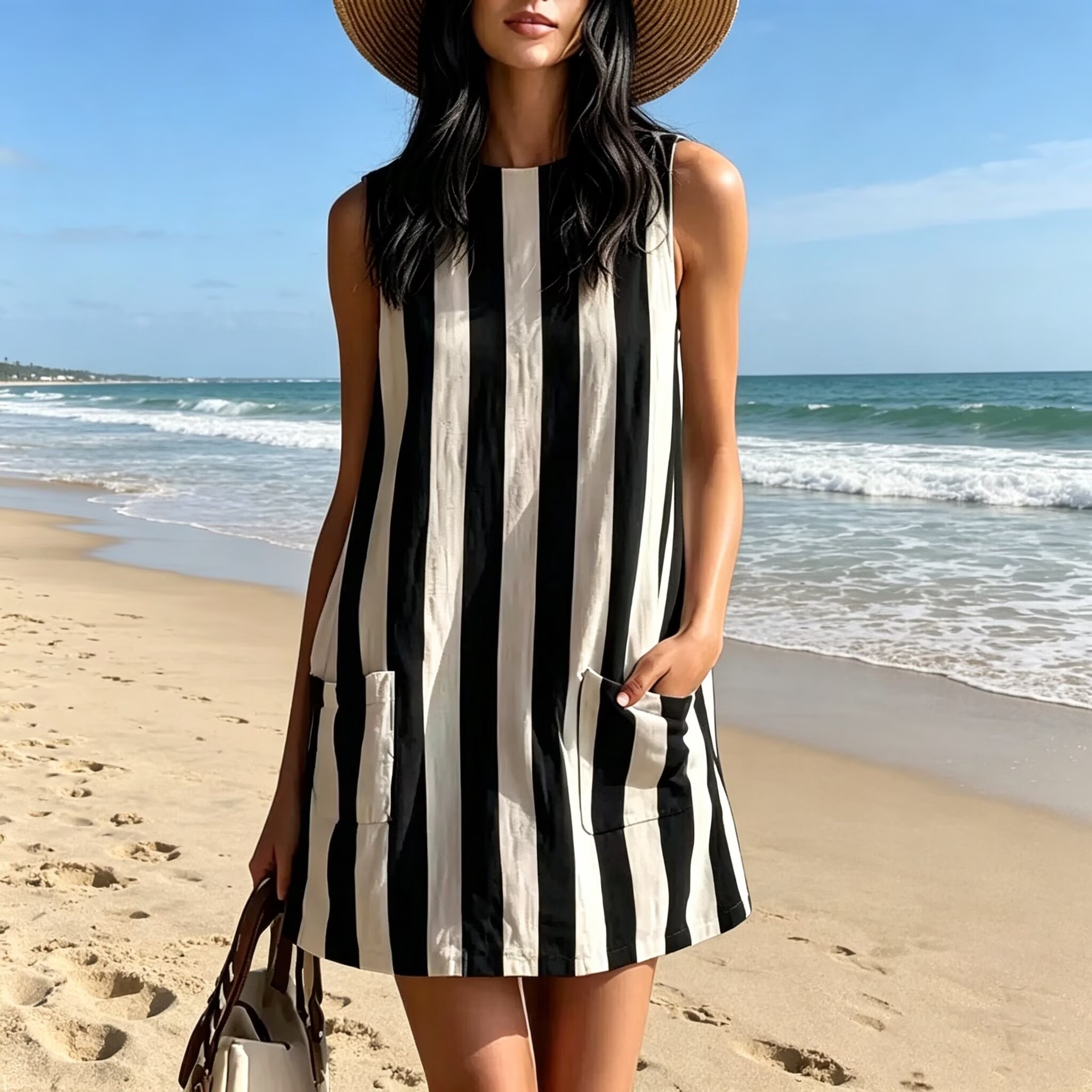 Striped Sleeveless A-Line Dress with Pockets