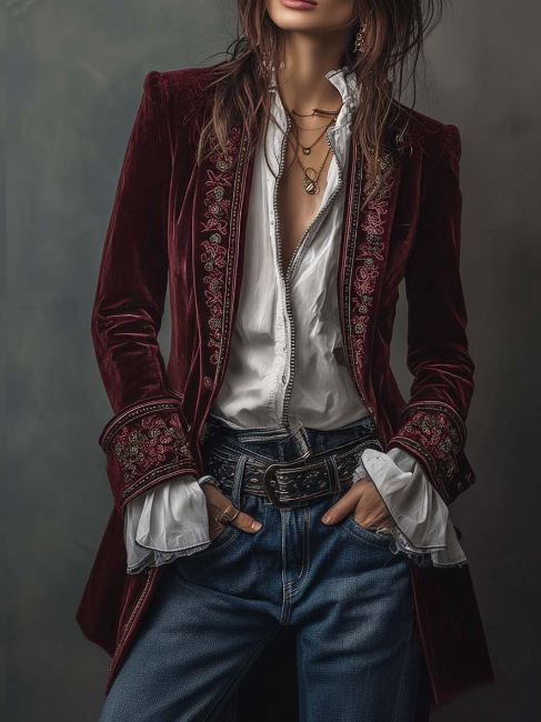 Women's Long Sleeve Solid Color Lace Trim Velvet Jacket