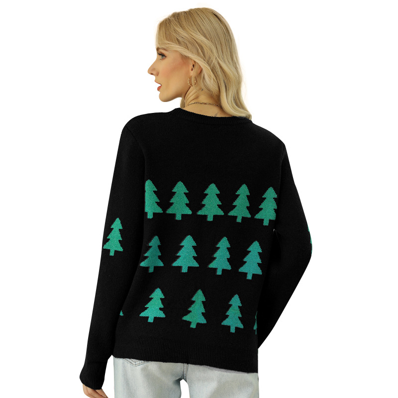 Christmas Tree Jacquard Knit Sweater Long Sleeve Red Pullover