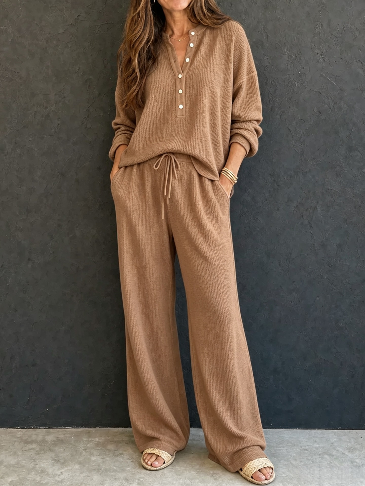 Women's Waffle Knit Long Sleeve Top & Wide Leg Pants Set Solid Color