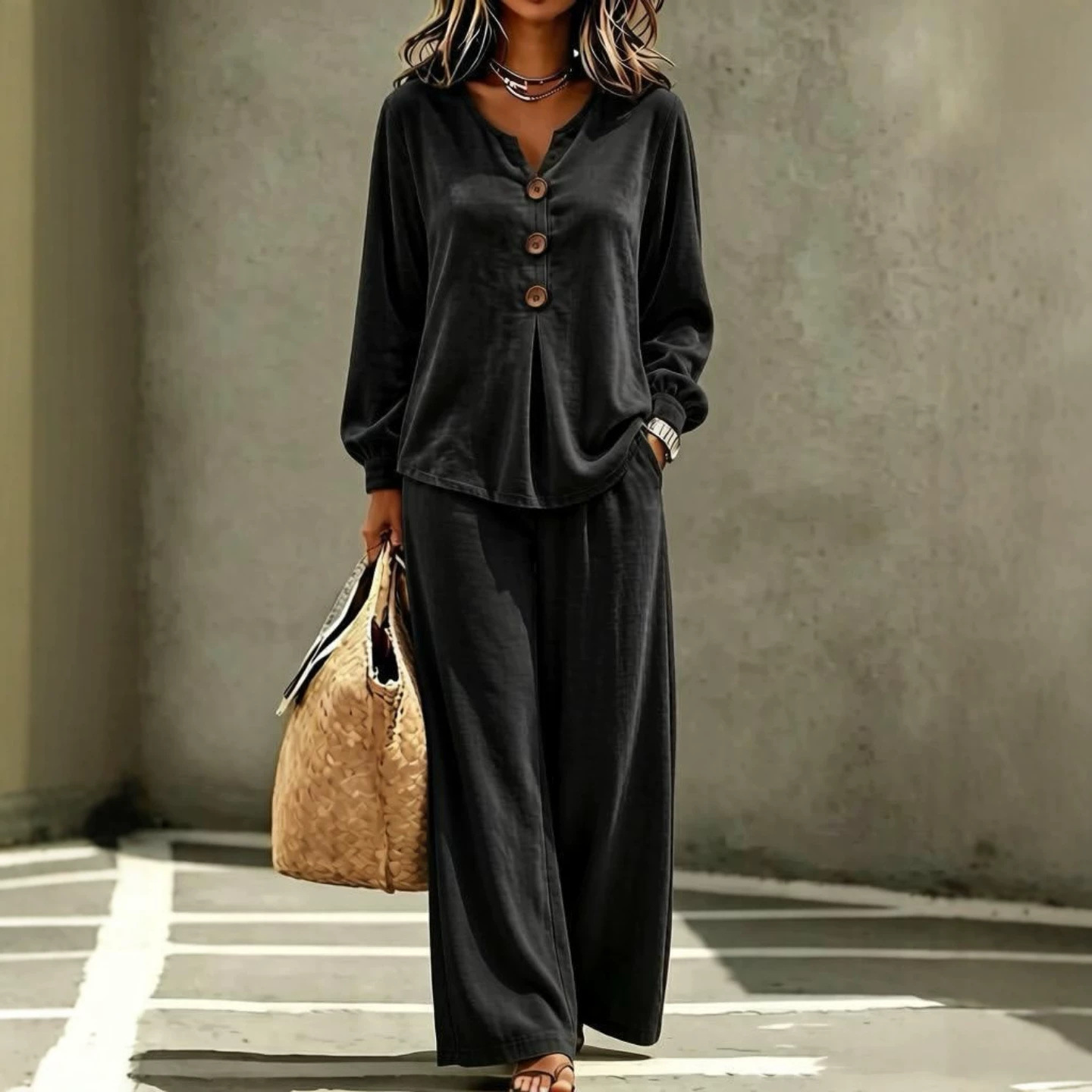 Women's Velvet Button V-Neck Long Sleeve Top and Pants Two-Piece Set