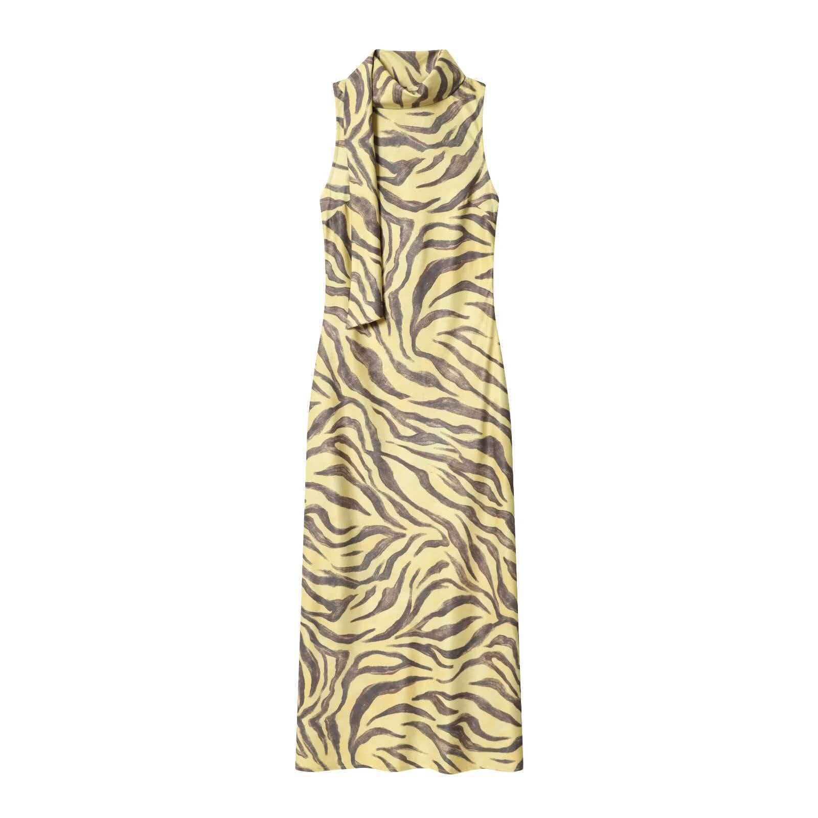 Elegant Sleeveless Scarf-Neck Zebra Print Bodycon Dress