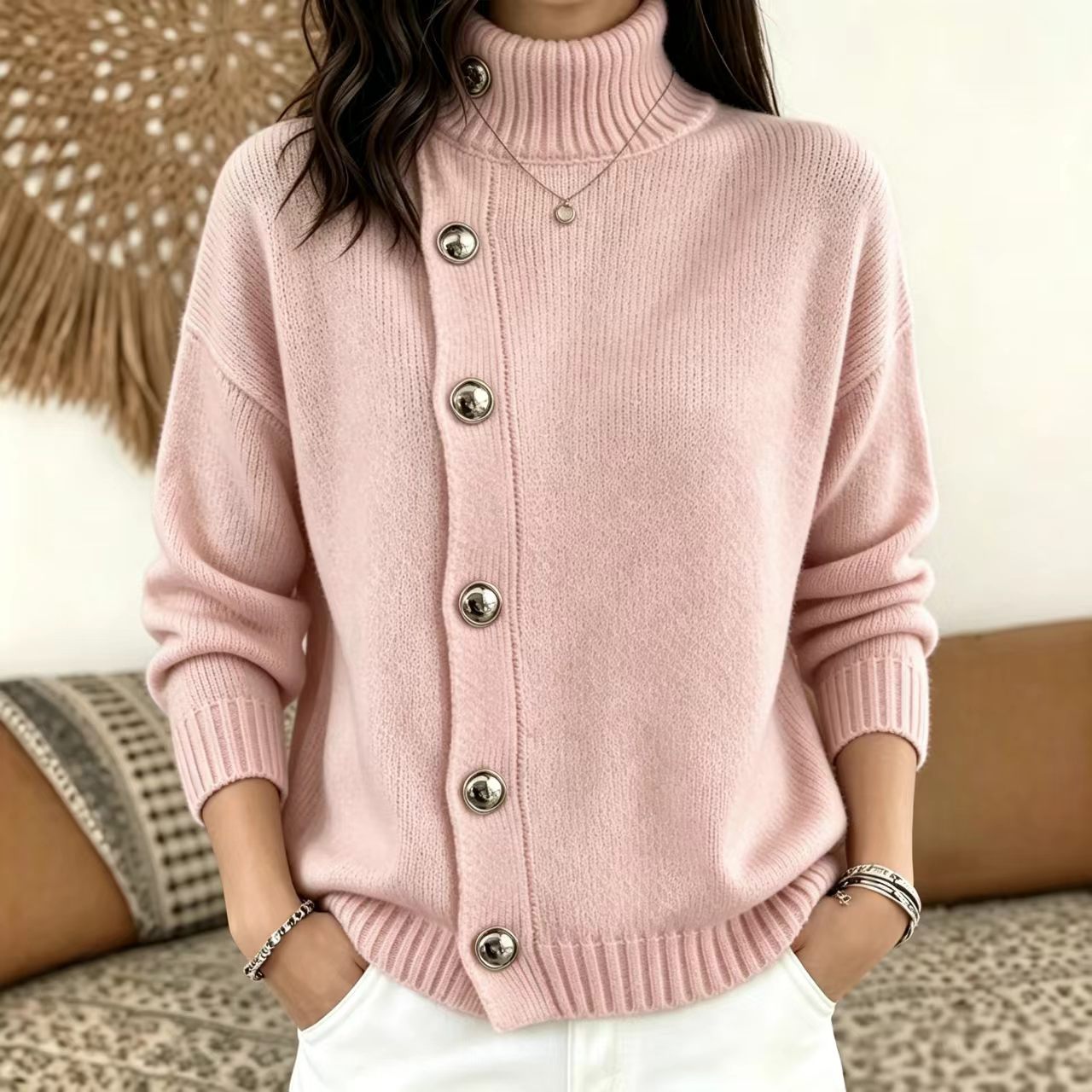 Metal Button Solid Color Loose Turtleneck Sweater