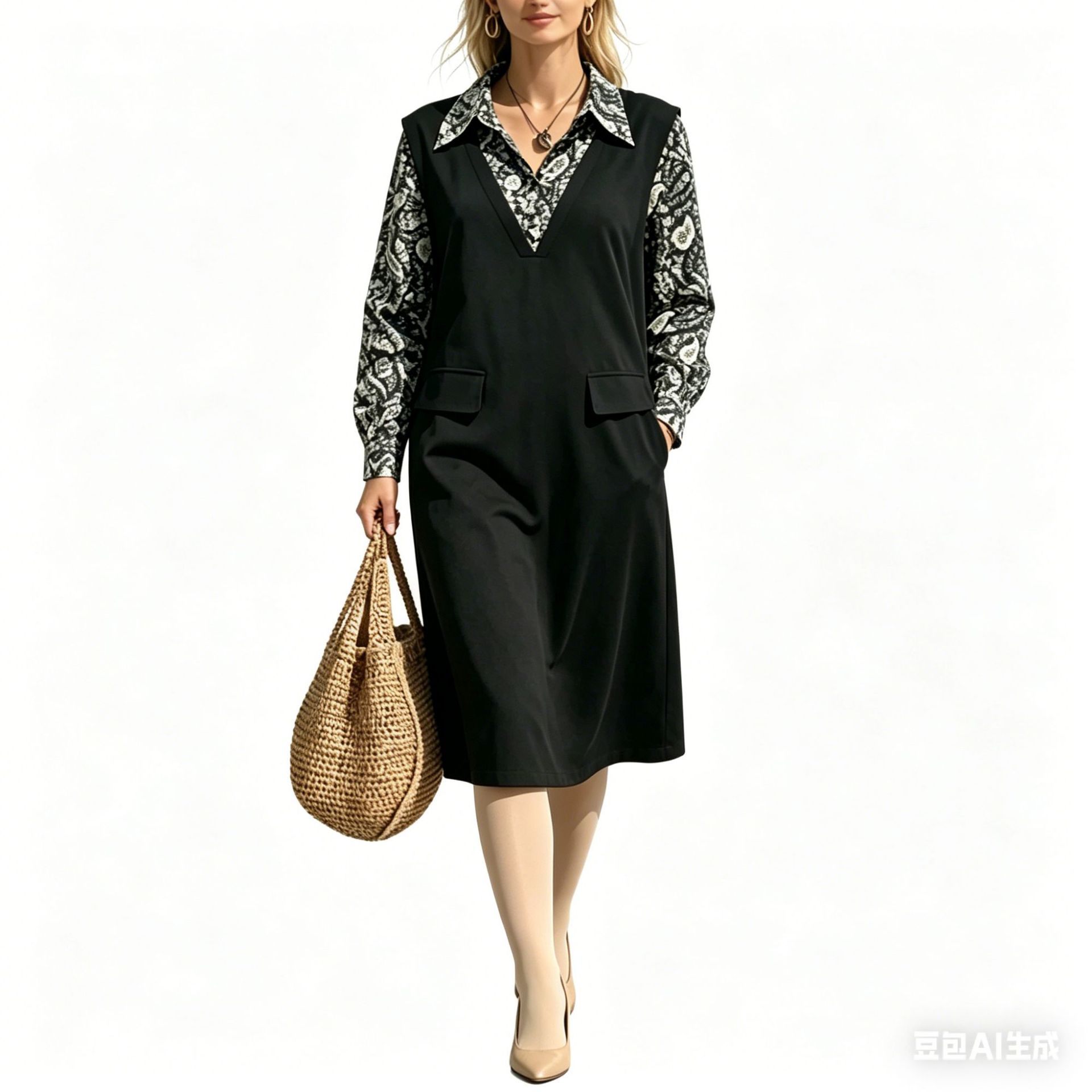 Women's Plus Size Colorblock Faux Two-Piece Long Sleeve Midi Dress